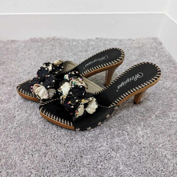 Black Wooden Floral Heels - Picture 3 of 5